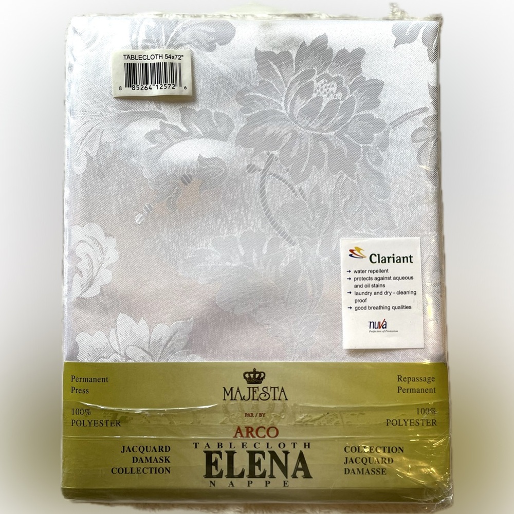 White Floral Damask Jacquard Tablecloth 54” x 72” New With Tags